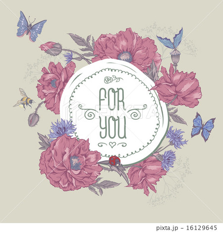Summer Vintage Greeting Card with Blooming Poppies Summer Vintage Greeting Card with Blooming Poppies 16129645