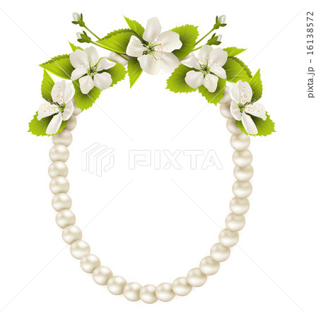 Pearl oval like frame with cherry flowers on white 16138572