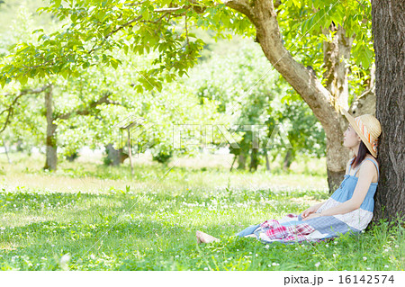 初夏の公園で木陰に座り休む女性の写真素材