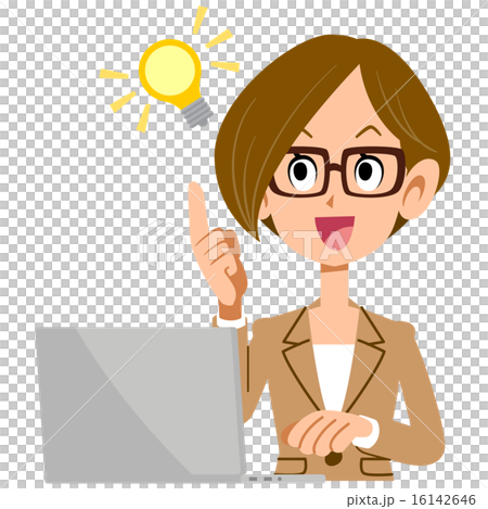 Business woman wearing eyeglasses flashing idea and laptop computer Business woman wearing eyeglasses flashing idea and laptop computer 16142646