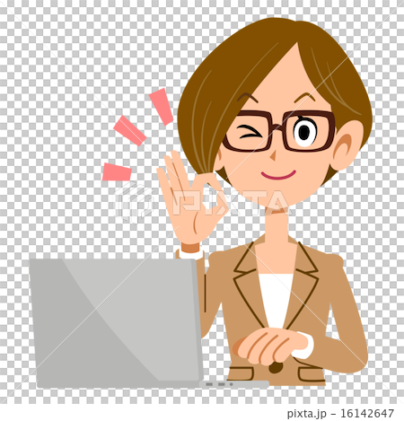 A business woman who puts out glasses on the sign of OK and a laptop computer A business woman who puts out glasses on the sign of OK and a laptop computer 16142647