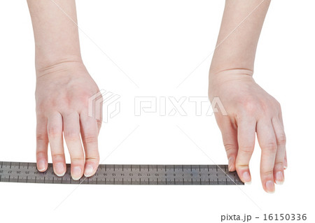 female hands with metallic ruler isolated 16150336