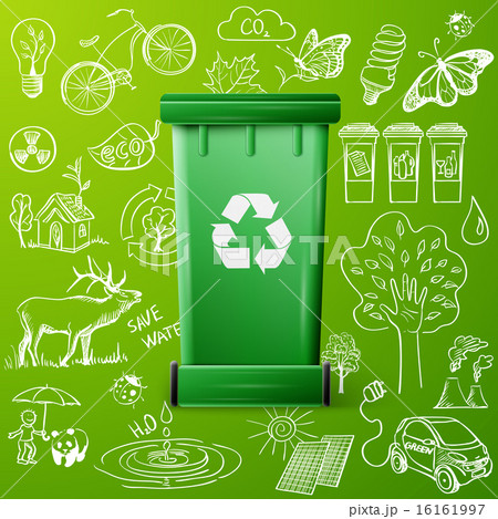 Green Recycle Bin and Ecology doodle icons 16161997