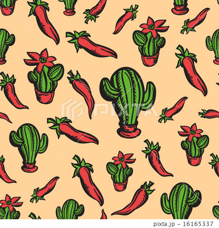 Mexican theme background with peppers and cactuses Mexican theme background with peppers and cactuses 16165337