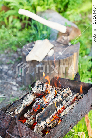 firewood burning in old brazier 16166467