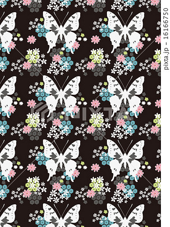 花と蝶の和柄パターン 背景透明 のイラスト素材