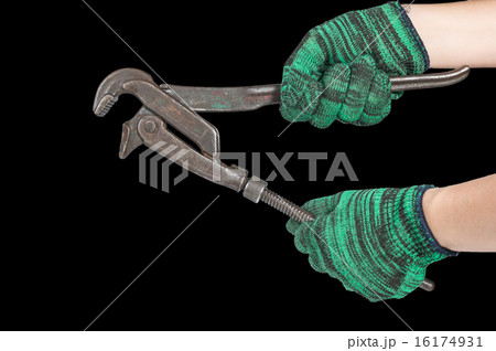 two hands holding the adjust spanner on black background. indust 16174931
