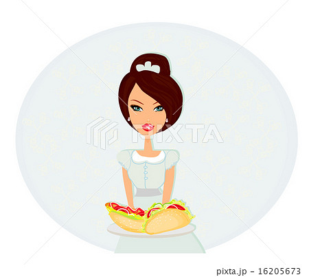 beautiful waitress with sandwich on a tray card beautiful waitress with sandwich on a tray card 16205673
