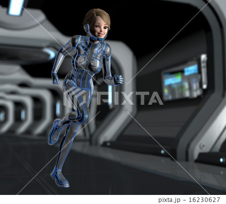 宇宙ステーションの中の女性クルー　perming 3DCG 16230627