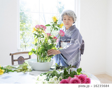花を生ける着物姿のシニア女性の写真素材