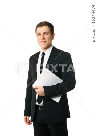 businessman reading papers from work isolated 16244474