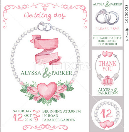Watercolor wedding invitation set.Pink roses,pearls,rings 16250058