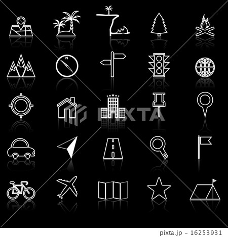 Location line icons with reflect on black 16253931