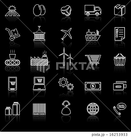 Supply chain line icons with reflect on black 16253933