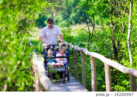 Young father with double stroller in a park 16260987