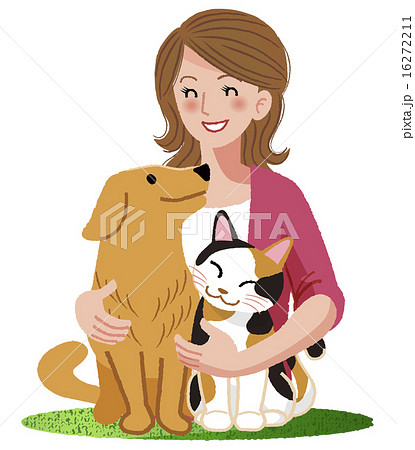 犬 猫 女性 ペット A Woman Smiling With Furry Friendsのイラスト素材