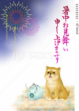 暑中見舞い 犬 花火のイラスト素材