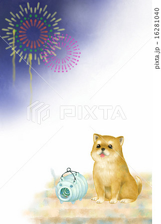 暑中見舞い 犬 花火のイラスト素材