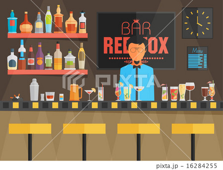 Bar Counter With Barman Stools And Alcohol Drinkのイラスト素材