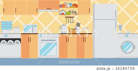 kitchen interior with furniture, cooking utensils kitchen interior with furniture, cooking utensils 16284739