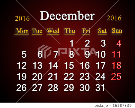 calendar of December of 2016 on claret 16287339