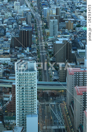 あべのハルカスより見る夜明けの大阪の街並み「あべの筋」と「阪堺電気軌道」と「阪神高速14号松原線」 あべのハルカスより見る夜明けの大阪の街並み「あべの筋」と「阪堺電気軌道」と「阪神高速14号松原線」 16293455