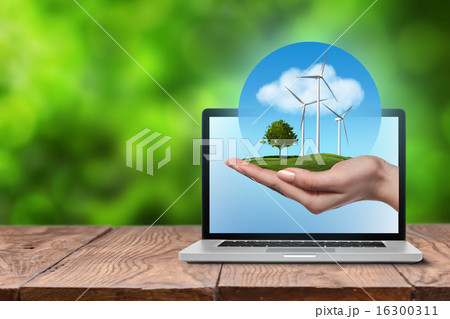 Wind turbines with tree in female hand in laptop 16300311