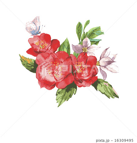 Watercolor Invitation Vintage Card with Blooming Red Roses 16309495