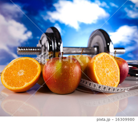 Dumbbell and green grass, bright colorful  16309980