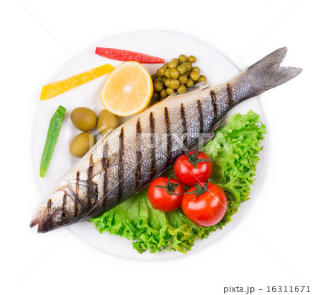 Grilled seabass on plate. 16311671
