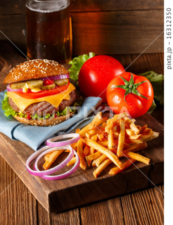 Burger and French Fries. Vintage style. 16312350