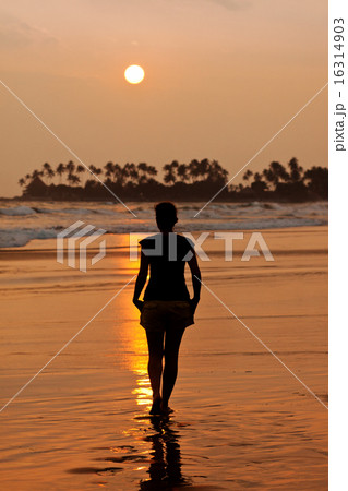 Woman walking on beach at sunset 16314903