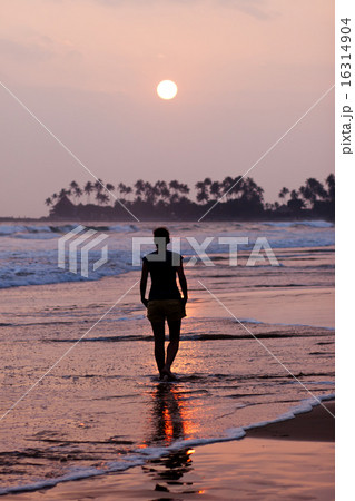 Woman walking on beach at sunset 16314904