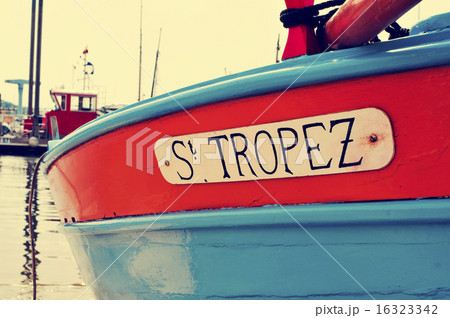 St. Tropez written in a boat, with a retro effect St. Tropez written in a boat, with a retro effect 16323342