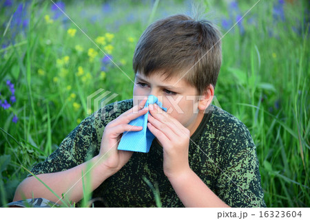 teen boy with allergies in flowering herbs 16323604