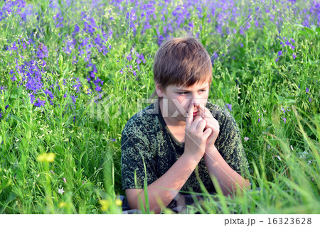 teen boy with allergies in flowering herbs teen boy with allergies in flowering herbs 16323628