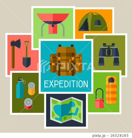 Tourist background with camping equipment in flat style Tourist background with camping equipment in flat style 16328165