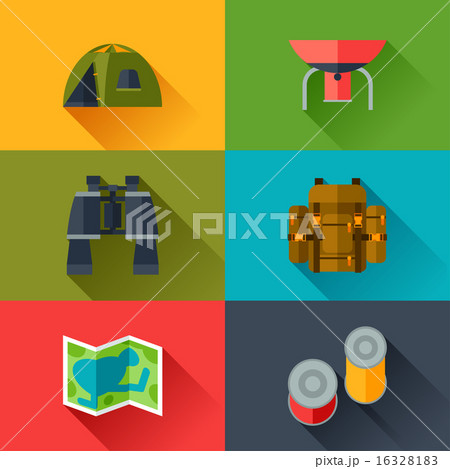Tourist set of camping equipment icons in flat style 16328183