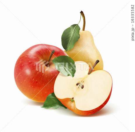 Whole red apple, half and pear isolated on white 16335582