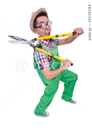 Funny man with shears on white 16339184