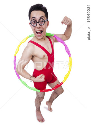 Funny sportsman with hula hoop on white Funny sportsman with hula hoop on white 16340084