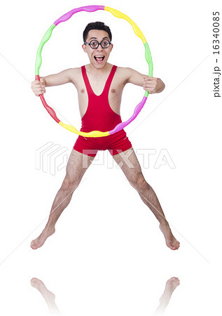 Funny sportsman with hula hoop on white Funny sportsman with hula hoop on white 16340085