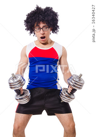 Funny man exercising with dumbbells 16340427