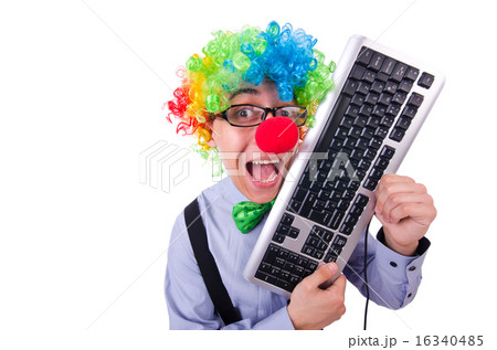 Funny guy with clown wig on white Funny guy with clown wig on white 16340485