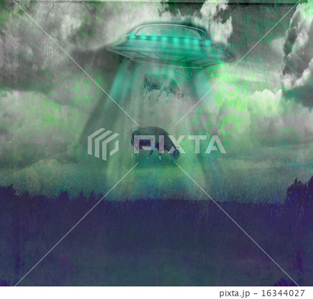 Image of a UFO levitating a cow with a night sky Image of a UFO levitating a cow with a night sky 16344027