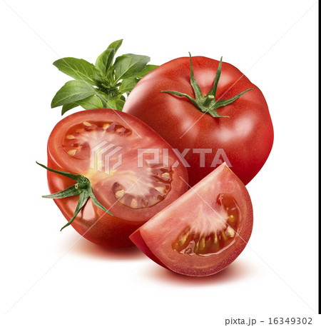 Whole tomato, half, quarter, basil leaf isolated 16349302