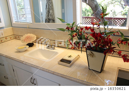 インテリア 花のある明るいカリフォルニア風キッチンの写真素材
