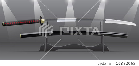 Japanese samurai katana swords on stand. Vector Il 16352065