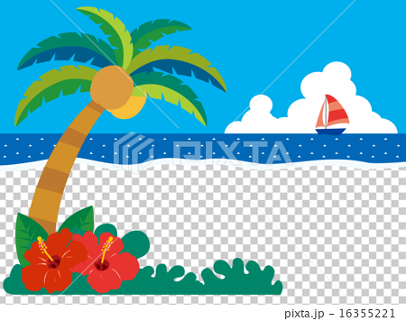 南国 椰子の木とハイビスカスのあるビーチ01のイラスト素材