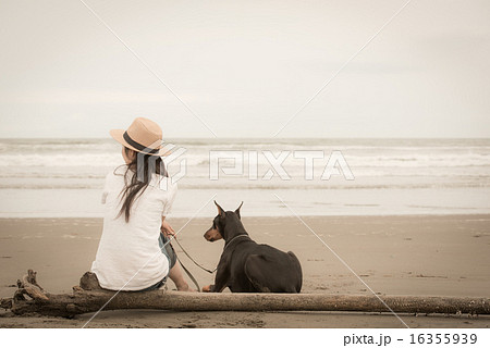 愛犬と砂浜に座る女性 16355939